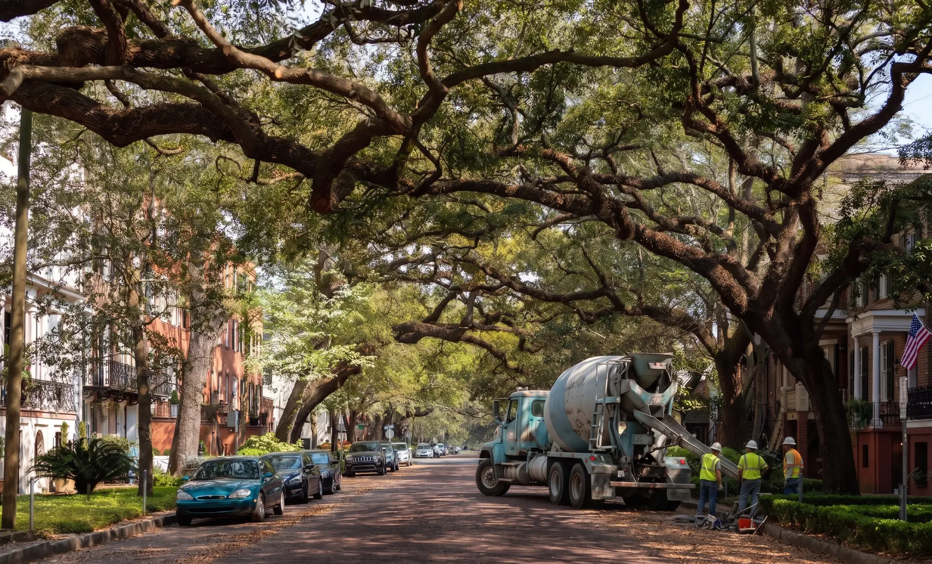 Concrete mixer truck and crew at work on a tree-lined Savannah street